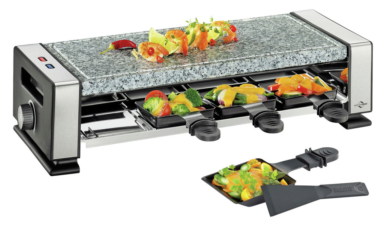 Raclette-Grill mit Natursteinplatte und Pfännchen, seitliche Perspektive