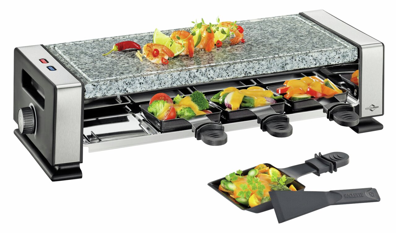 Raclette-Grill mit Natursteinplatte und Pfännchen, seitliche Perspektive