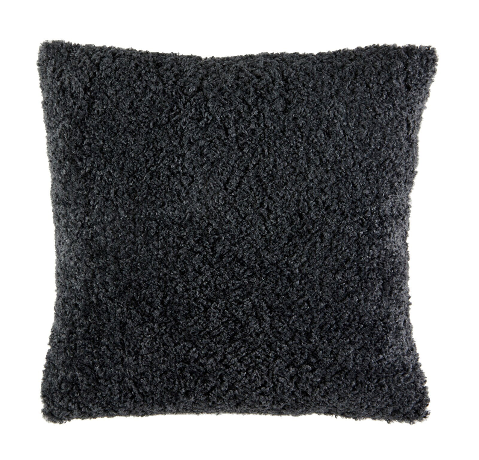 Dunkelgraues, flauschiges Kissen LINA in quadratischer Form, frontal fotografiert.