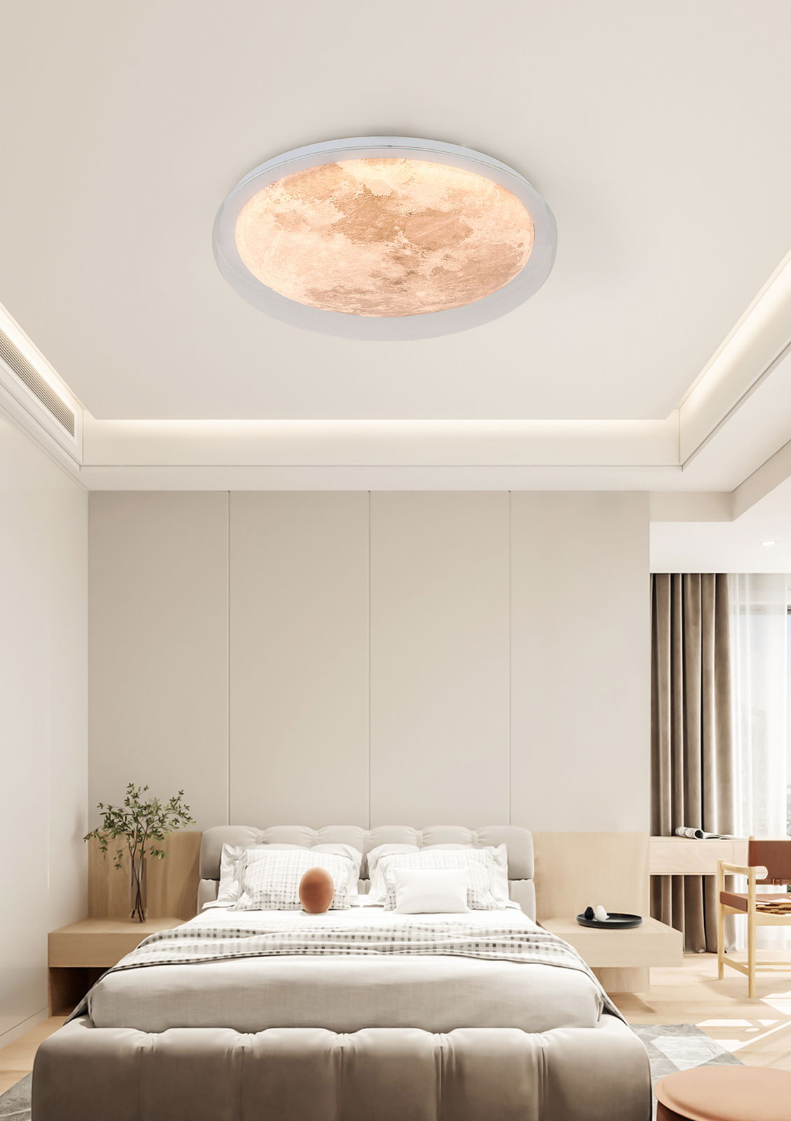 Moderne LED-Deckenleuchte mit warmem Licht in einem stilvollen Schlafzimmer, von unten betrachtet.