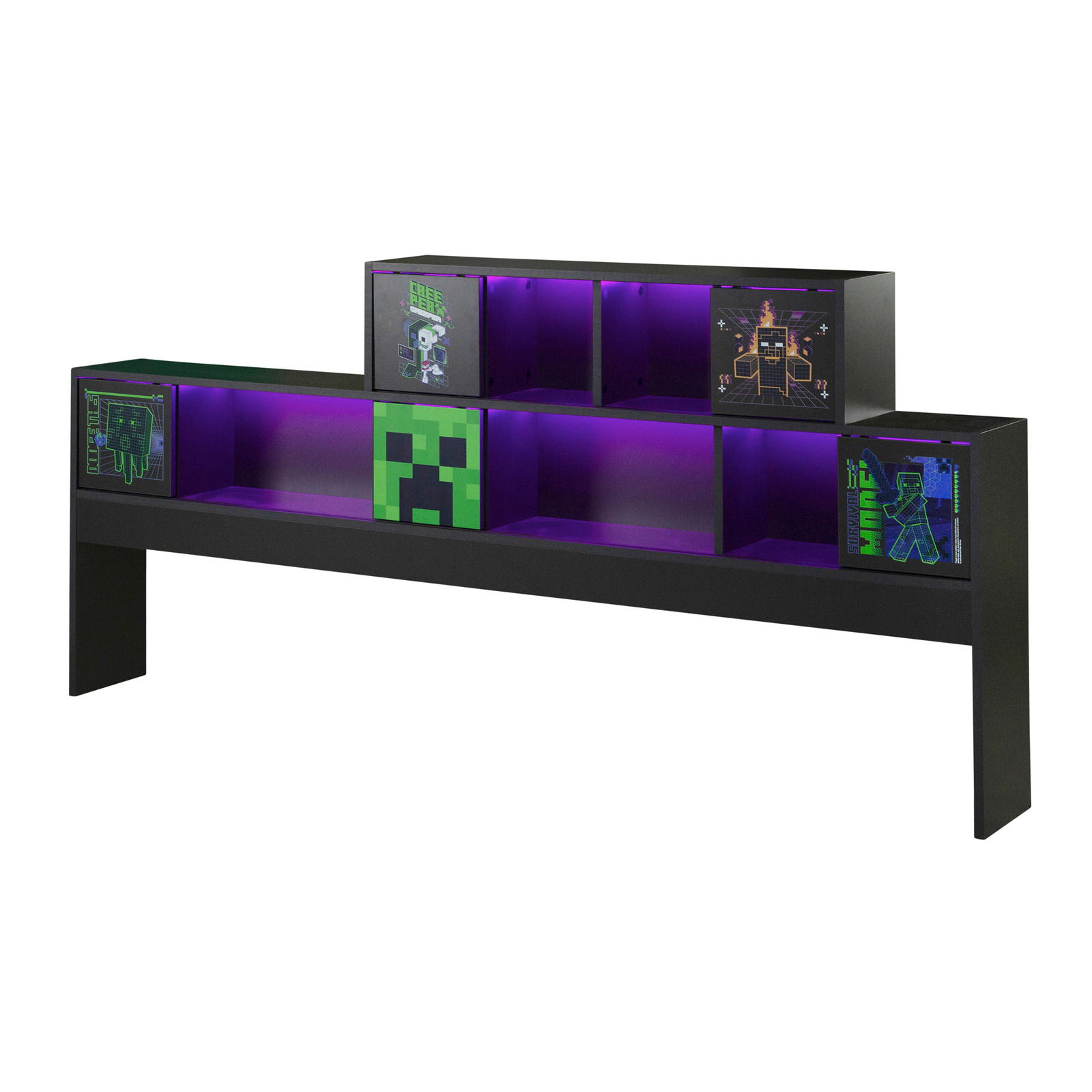 Schwarzes Jugendbett-Kopfteil mit lila LED-Beleuchtung und pixelartigen Grafiken, seitliche Perspektive