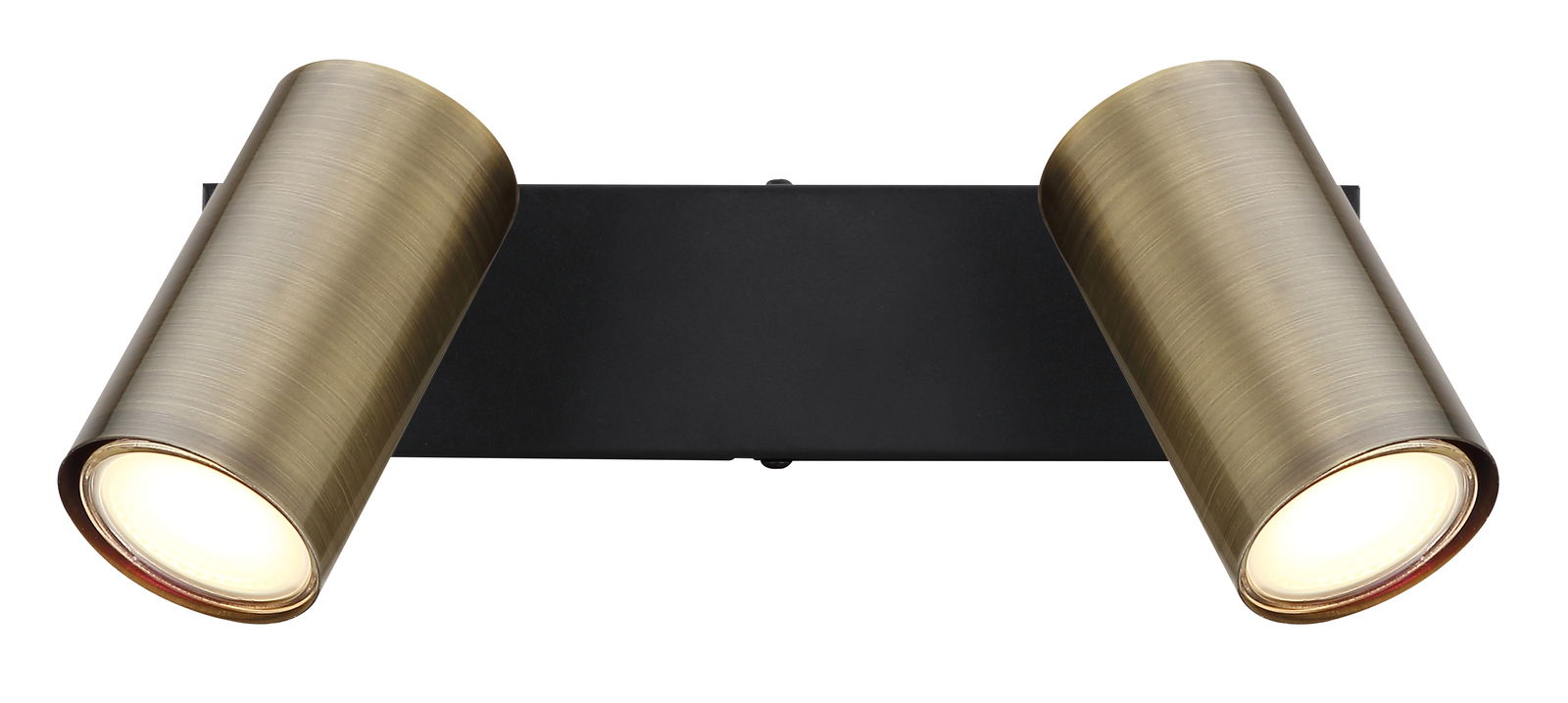 Zweiflammiger Strahler in Altmessing-Optik, frontal abgebildet mit zylindrischen Leuchten auf schwarzer Basis.