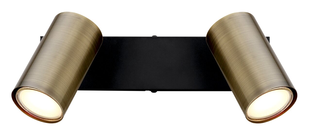 Zweiflammiger Strahler in Altmessing-Optik, frontal abgebildet mit zylindrischen Leuchten auf schwarzer Basis.