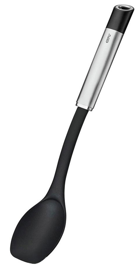 Kochlöffel PRIMELINE aus schwarzem Kunststoff mit Edelstahlgriff, seitliche Perspektive