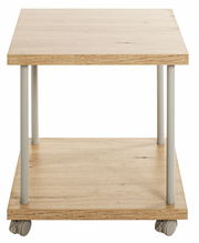 Beistelltisch auf Rollen aus Holz mit Metallbeinen, frontal betrachtet