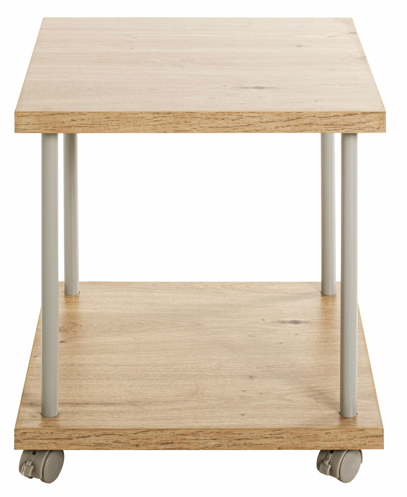 Beistelltisch auf Rollen aus Holz mit Metallbeinen, frontal betrachtet