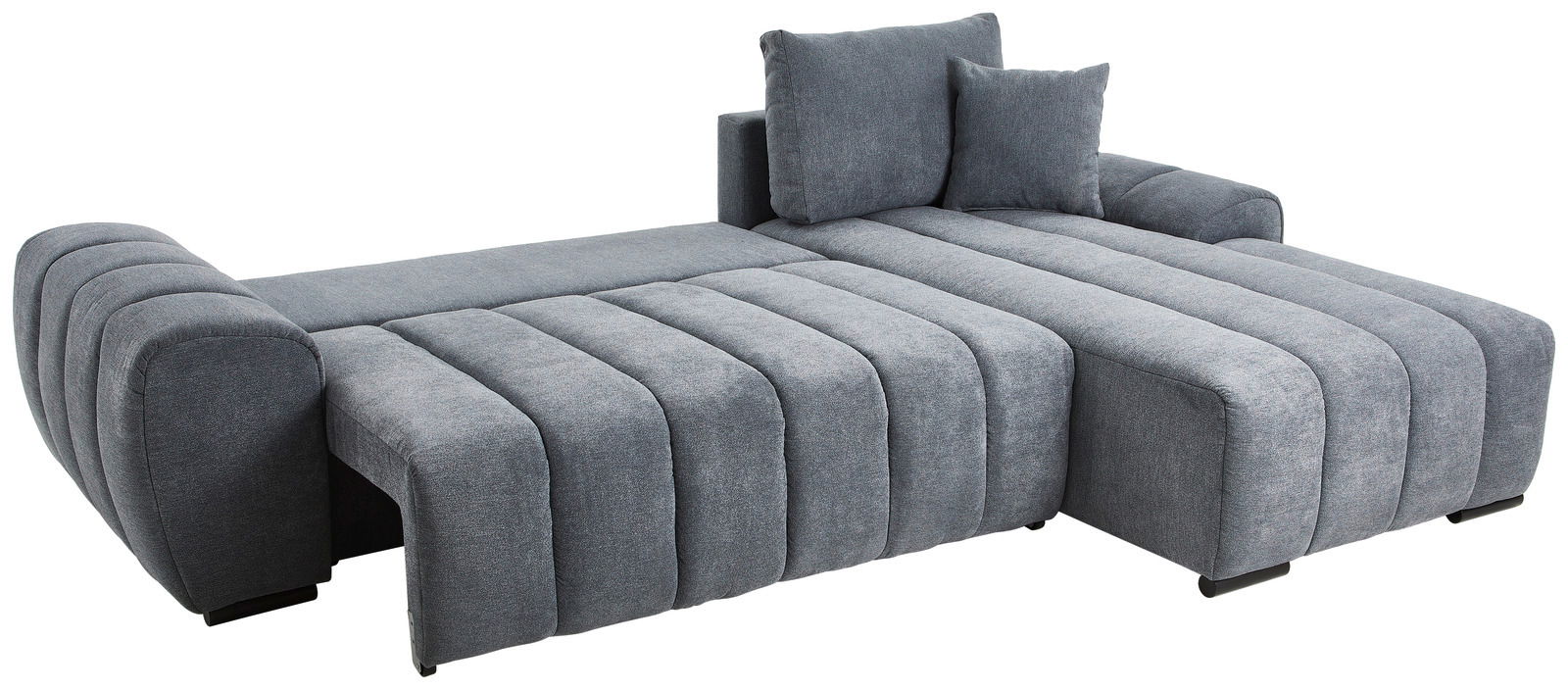 Graues, modernes Rundecksofa mit zwei Kissen, seitliche Perspektive