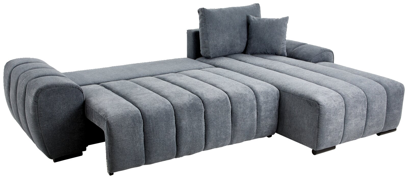 Graues, modernes Rundecksofa mit zwei Kissen, seitliche Perspektive