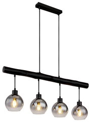 Moderne Hängeleuchte mit vier kugelförmigen Glühbirnen, aufgehängt an einem schwarzen Balken, seitliche Perspektive