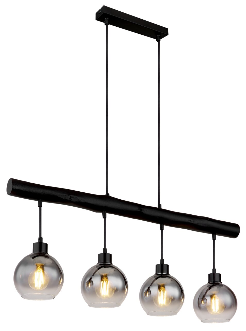 Globo Lighting Hanglamp MOITAS Moderne Hängeleuchte mit vier kugelförmigen Glühbirnen, aufgehängt an einem schwarzen Balken, seitliche Perspektive