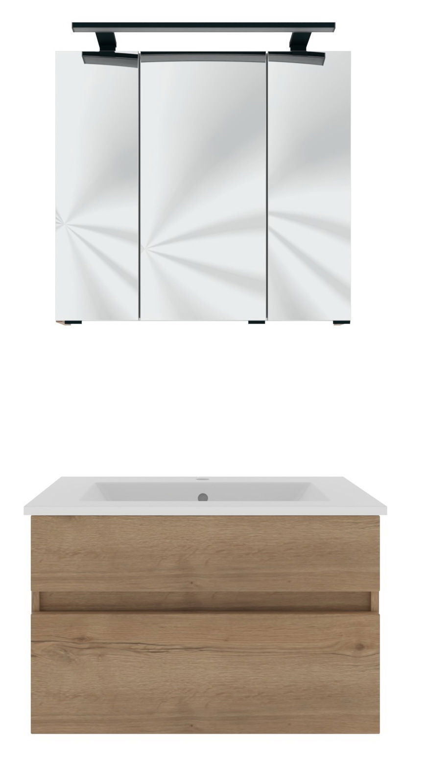 Frontale Ansicht eines modernen Badblocks mit Spiegelschrank und Waschbeckenunterschrank in Holzoptik.