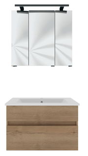 Frontale Ansicht eines modernen Badblocks mit Spiegelschrank und Waschbeckenunterschrank in Holzoptik.