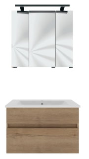 Frontale Ansicht eines modernen Badblocks mit Spiegelschrank und Waschbeckenunterschrank in Holzoptik.