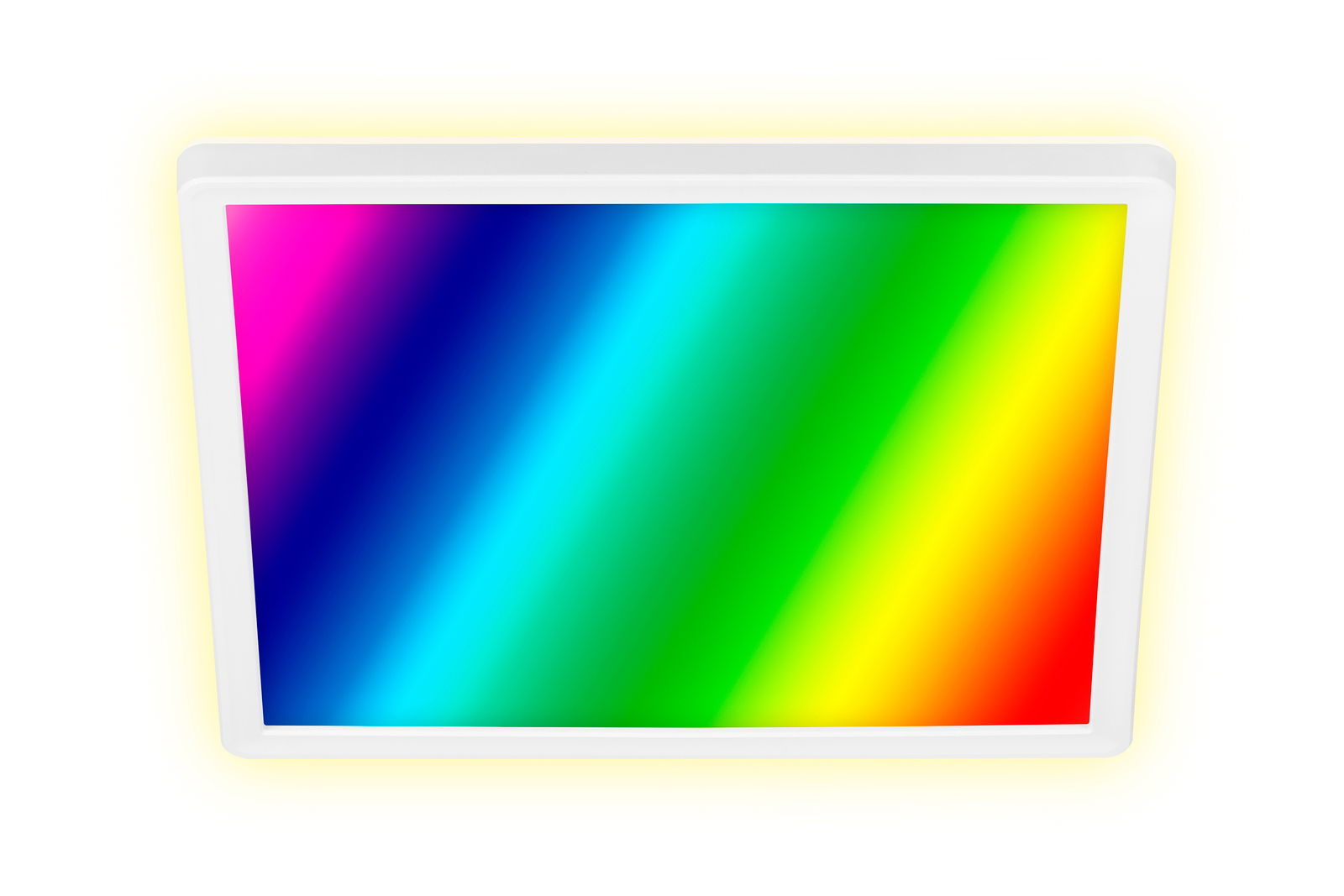 LED-Deckenleuchte mit quadratischem Design und Regenbogenfarben, seitliche Perspektive