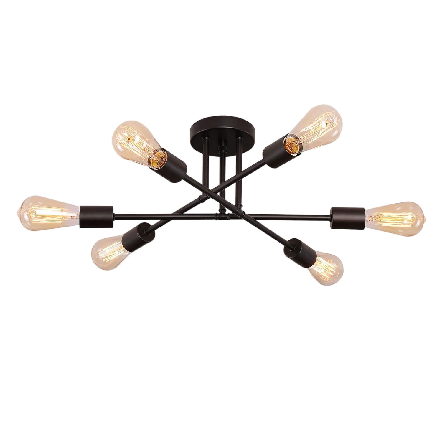 Moderne Deckenleuchte mit sechs Glühbirnen in schwarzem Metallrahmen, seitliche Perspektive