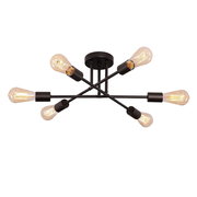 Moderne Deckenleuchte mit sechs Glühbirnen in schwarzem Metallrahmen, seitliche Perspektive