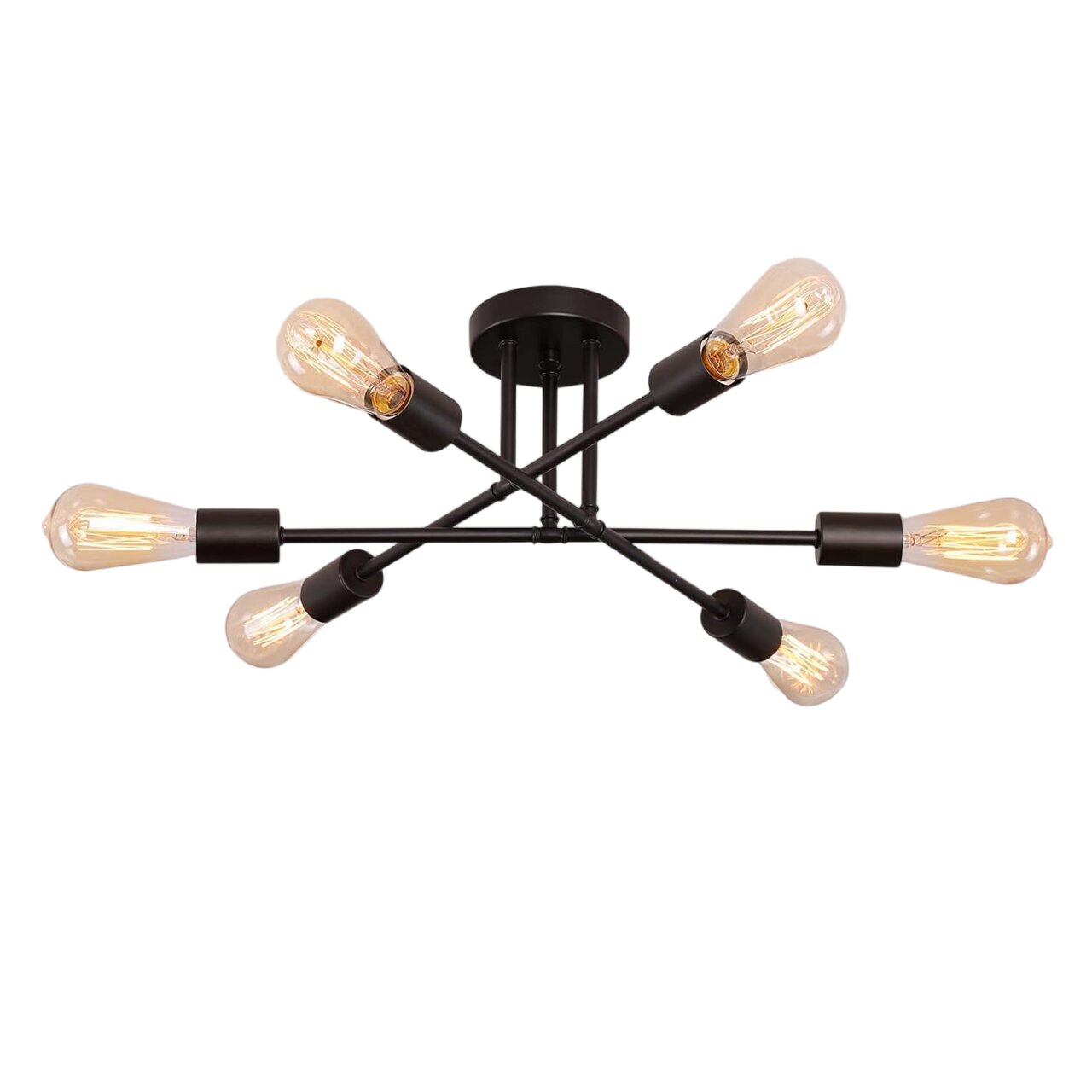 Moderne Deckenleuchte mit sechs Glühbirnen in schwarzem Metallrahmen, seitliche Perspektive