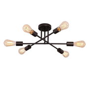 Moderne Deckenleuchte mit sechs Glühbirnen in schwarzem Metallrahmen, seitliche Perspektive