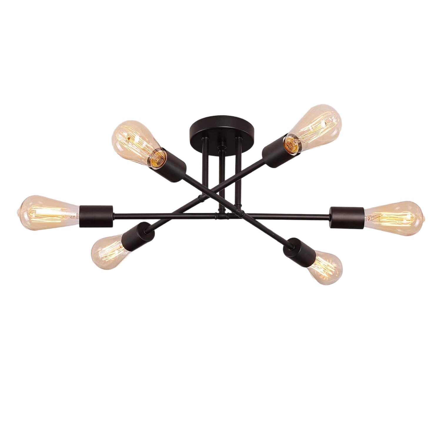 Moderne plafondlamp met zes lampen in een zwart metalen frame, zijaanzicht