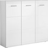 Weißer XL-Schuhschrank mit drei Türen und silbernen Griffen, Frontalansicht