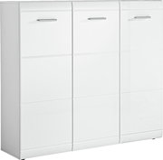 Weißer XL-Schuhschrank mit drei Türen und silbernen Griffen, Frontalansicht