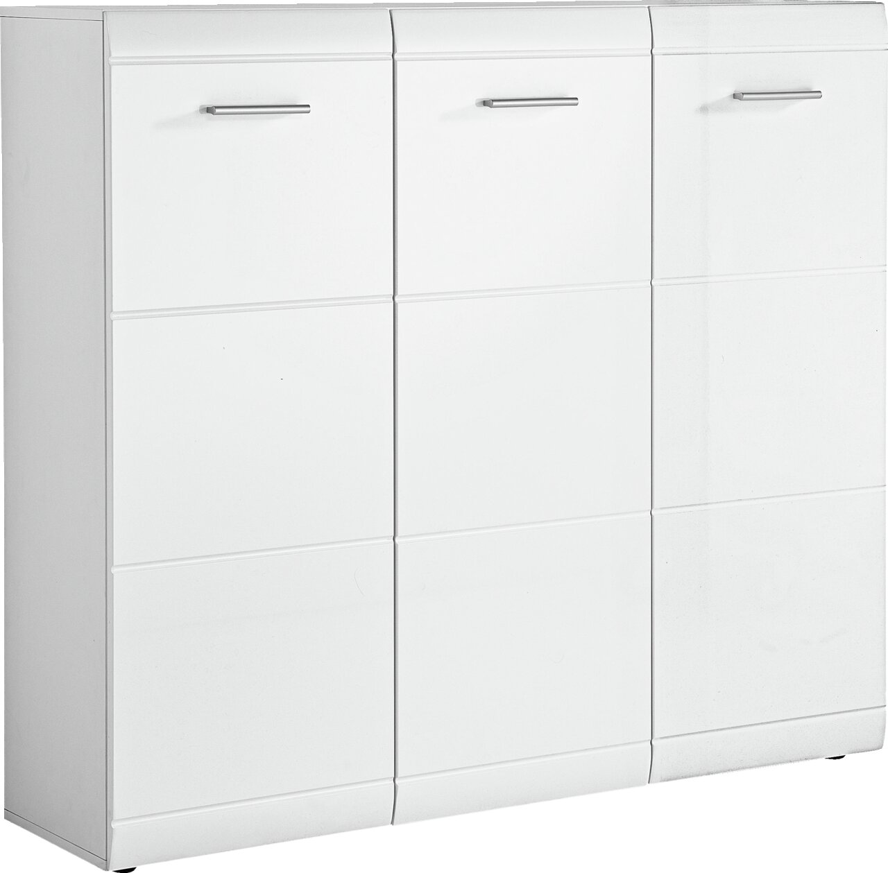 Weißer XL-Schuhschrank mit drei Türen und silbernen Griffen, Frontalansicht