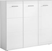 Weißer XL-Schuhschrank mit drei Türen und silbernen Griffen, Frontalansicht