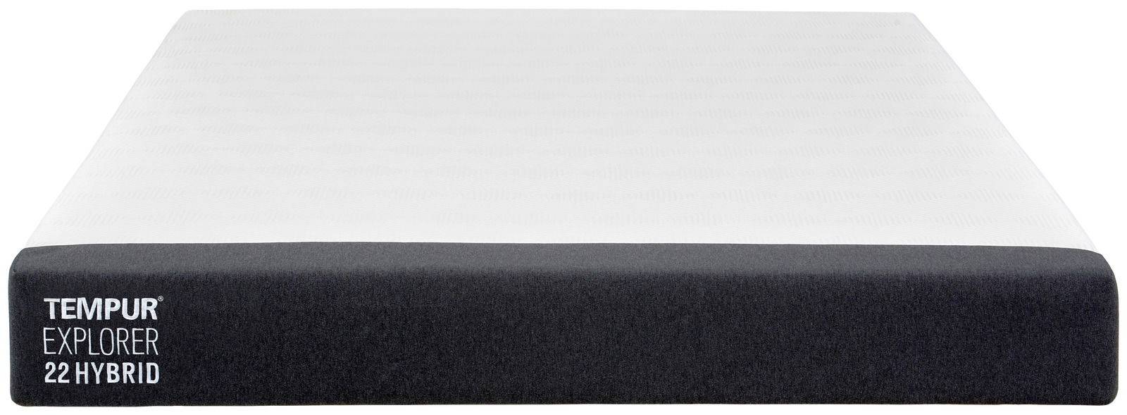 Frontale Ansicht einer TEMPUR Explorer 22 Hybrid Matratze mit dunklem Rand und weißer Oberfläche.