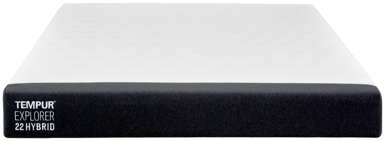 Frontale Ansicht einer TEMPUR Explorer 22 Hybrid Matratze mit dunklem Rand und weißer Oberfläche.