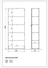 Zeichnung eines Aktenschranks mit den Maßen: Breite 80 cm, Höhe 196 cm, Tiefe 37 cm. Front- und Seitenansicht.