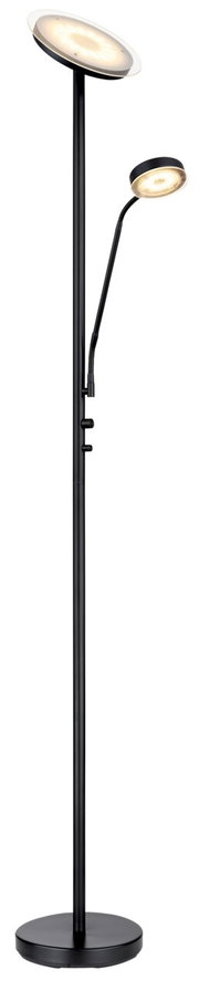 Moderne Stehleuchte mit zwei Lichtquellen, schwarze Metallstruktur, seitliche Perspektive