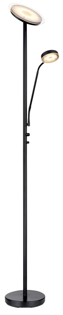 Moderne Stehleuchte mit zwei Lichtquellen, schwarze Metallstruktur, seitliche Perspektive