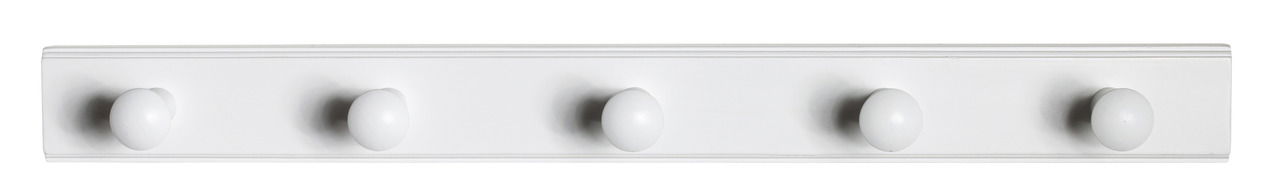 Weiße Garderobenleiste mit fünf runden Haken, frontal abgebildet.