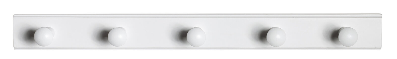 Weiße Garderobenleiste mit fünf runden Haken, frontal abgebildet.