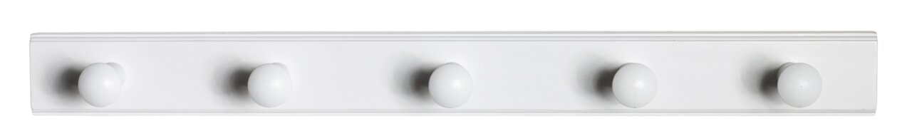 Weiße Garderobenleiste mit fünf runden Haken, frontal abgebildet.