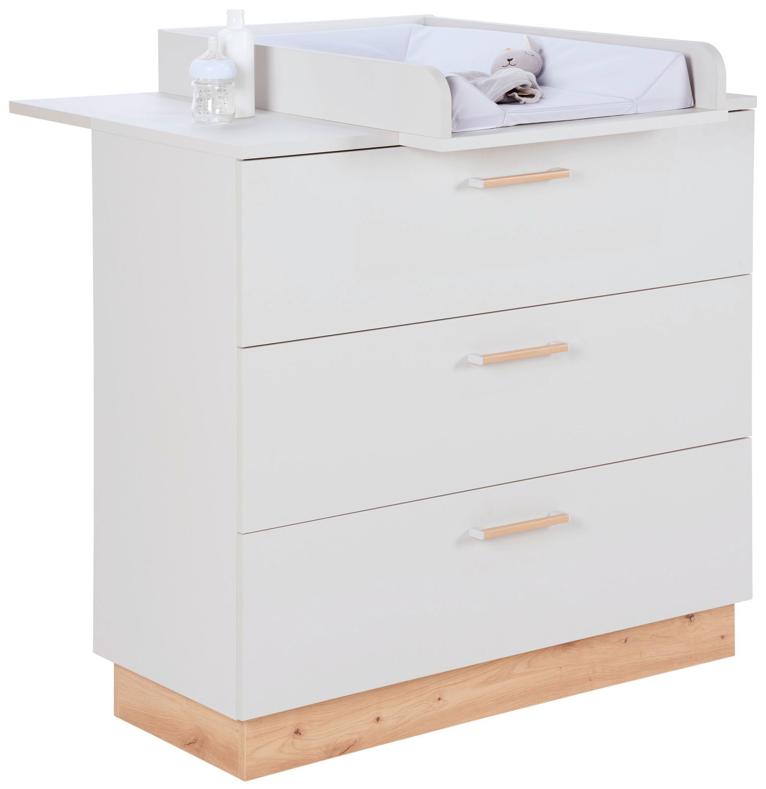 MyBaby Wickelkommode LEO Weiße Wickelkommode mit drei Schubladen und Wickelaufsatz, seitliche Perspektive