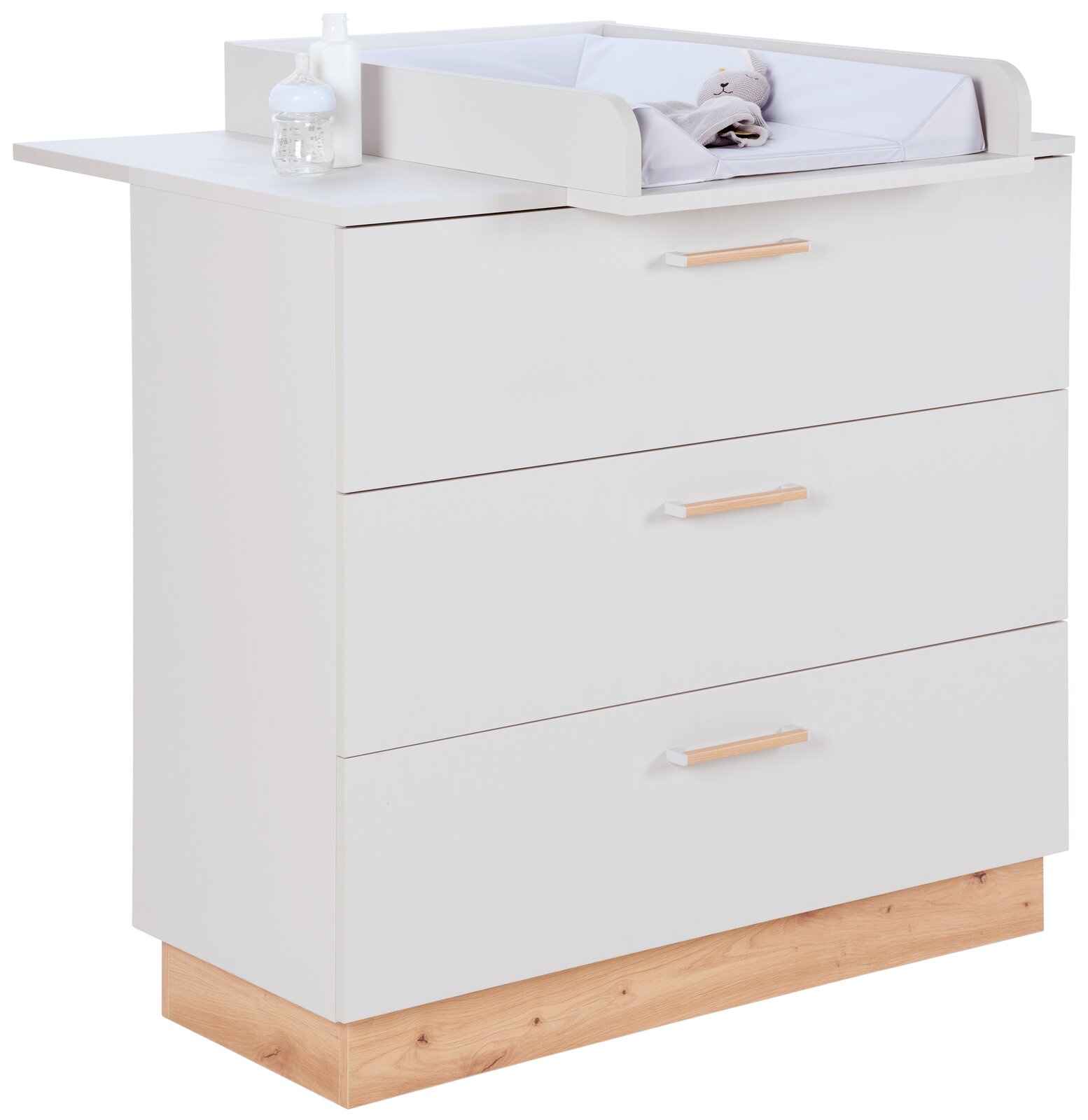 MyBaby Wickelkommode LEO Weiße Wickelkommode mit drei Schubladen und Wickelaufsatz, seitliche Perspektive