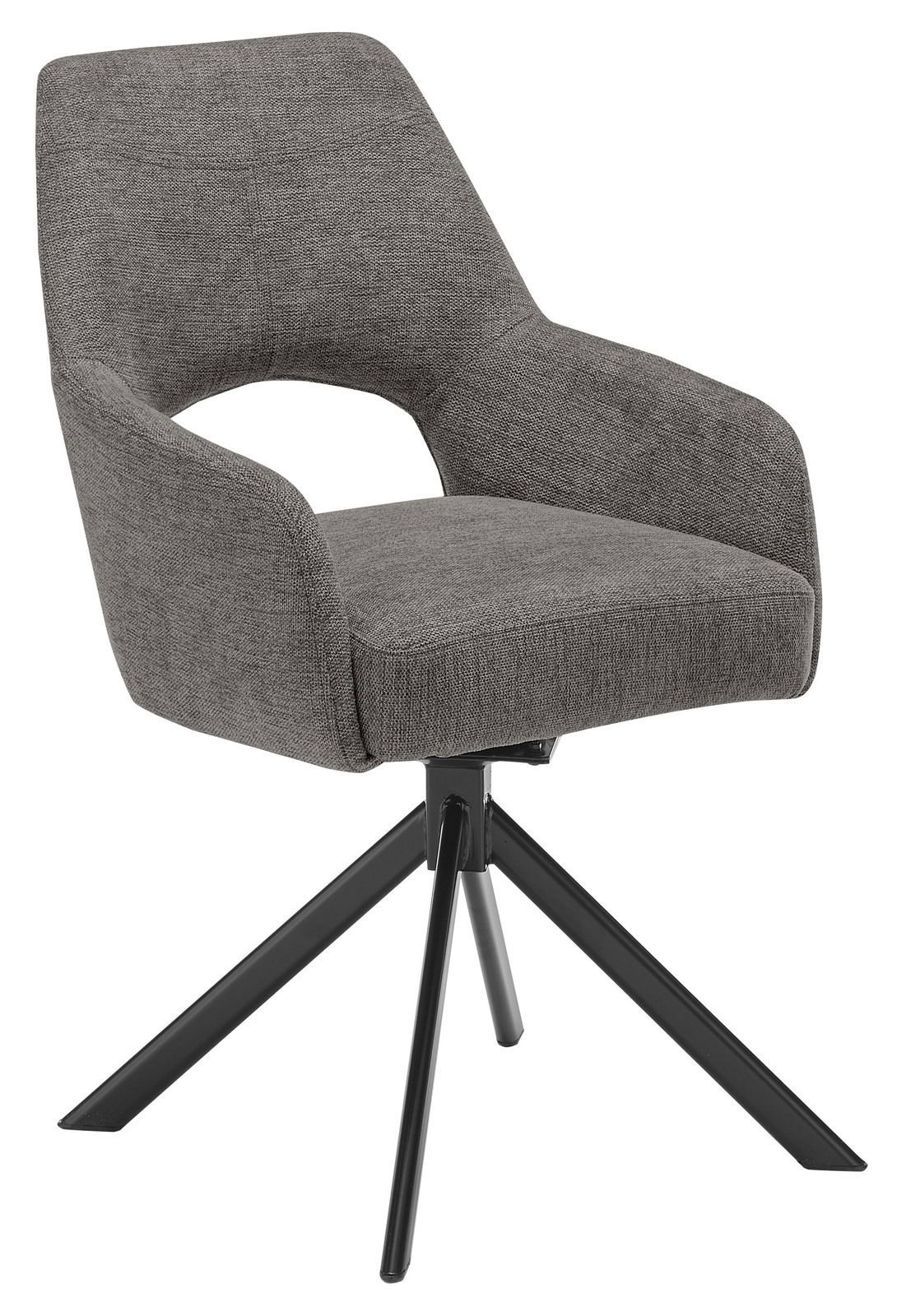 Grauer Armlehnstuhl mit modernem Design und schwarzem Metallgestell, seitliche Perspektive