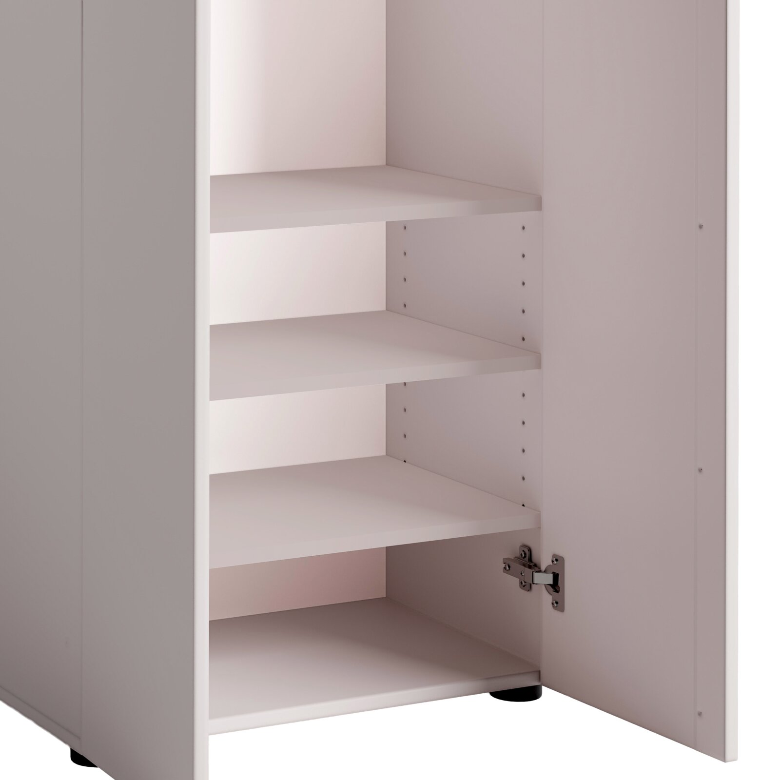 Offener Garderobenschrank mit mehreren Regalböden, seitliche Perspektive