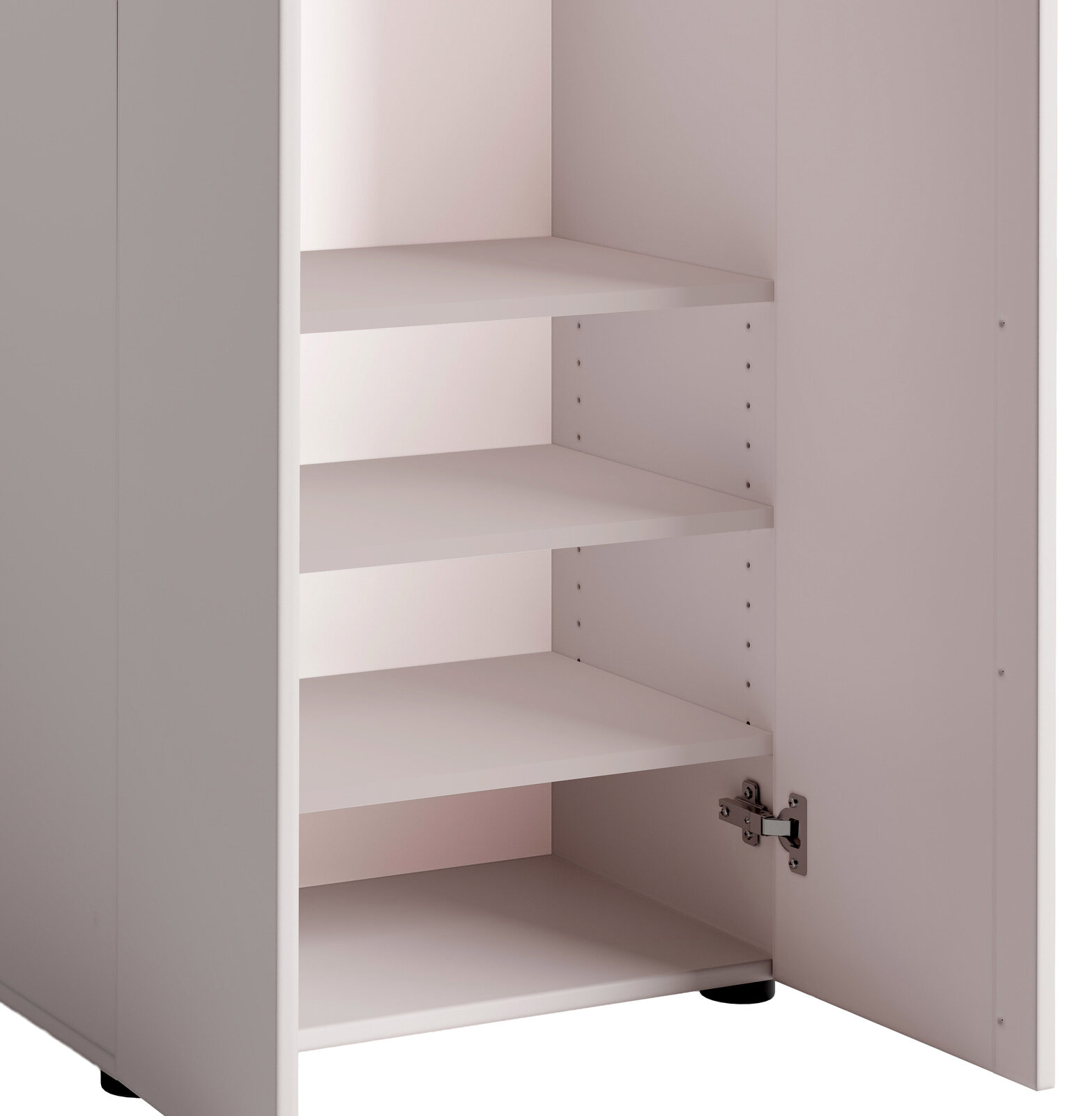 Offener Garderobenschrank mit mehreren Regalböden, seitliche Perspektive