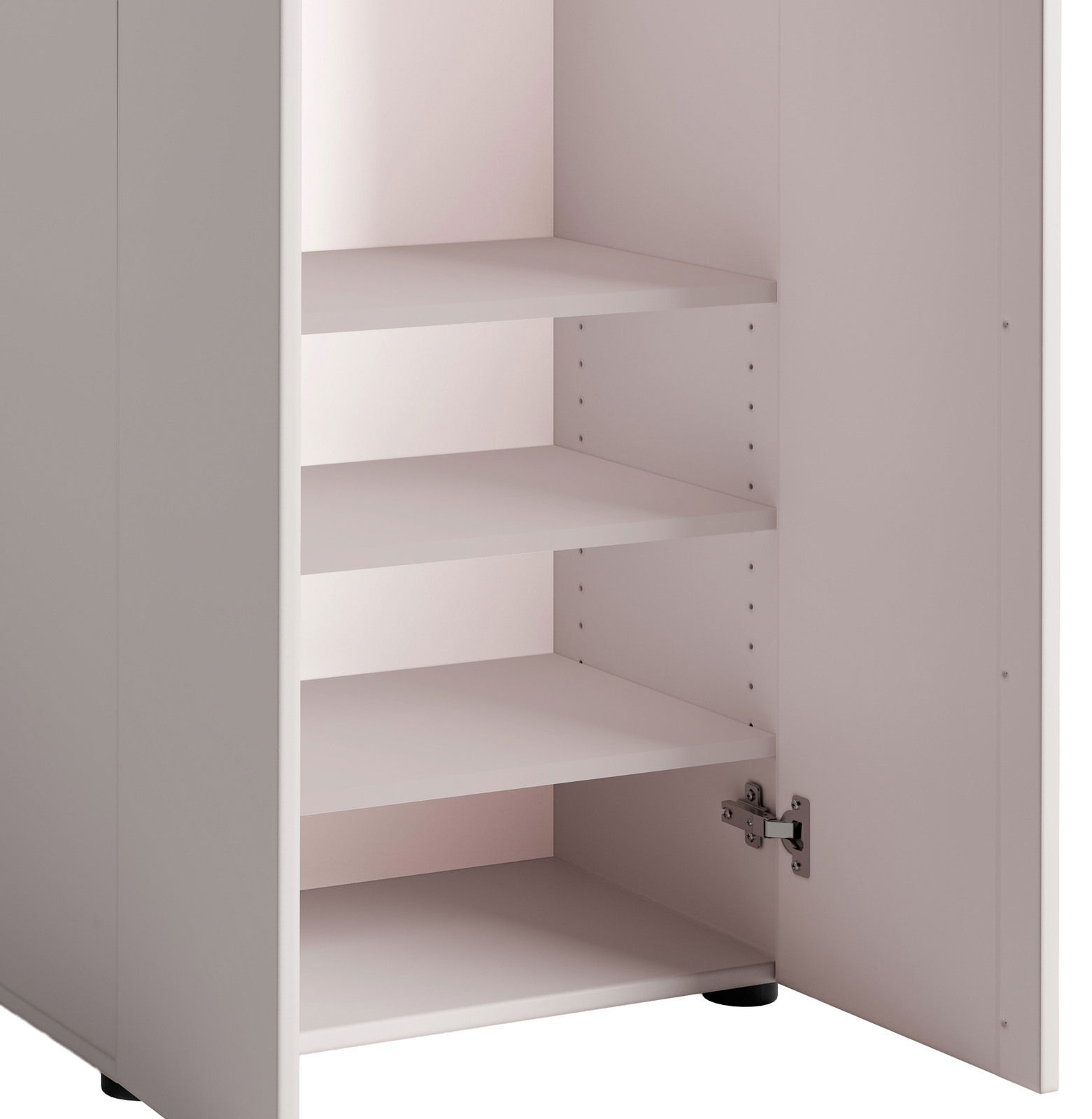 Offener Garderobenschrank mit mehreren Regalböden, seitliche Perspektive