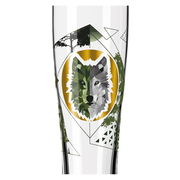 Weizenglas mit geometrischem Wolfsmotiv und Waldgrafik, Frontalansicht