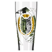 Weizenglas mit geometrischem Wolfsmotiv und Waldgrafik, Frontalansicht