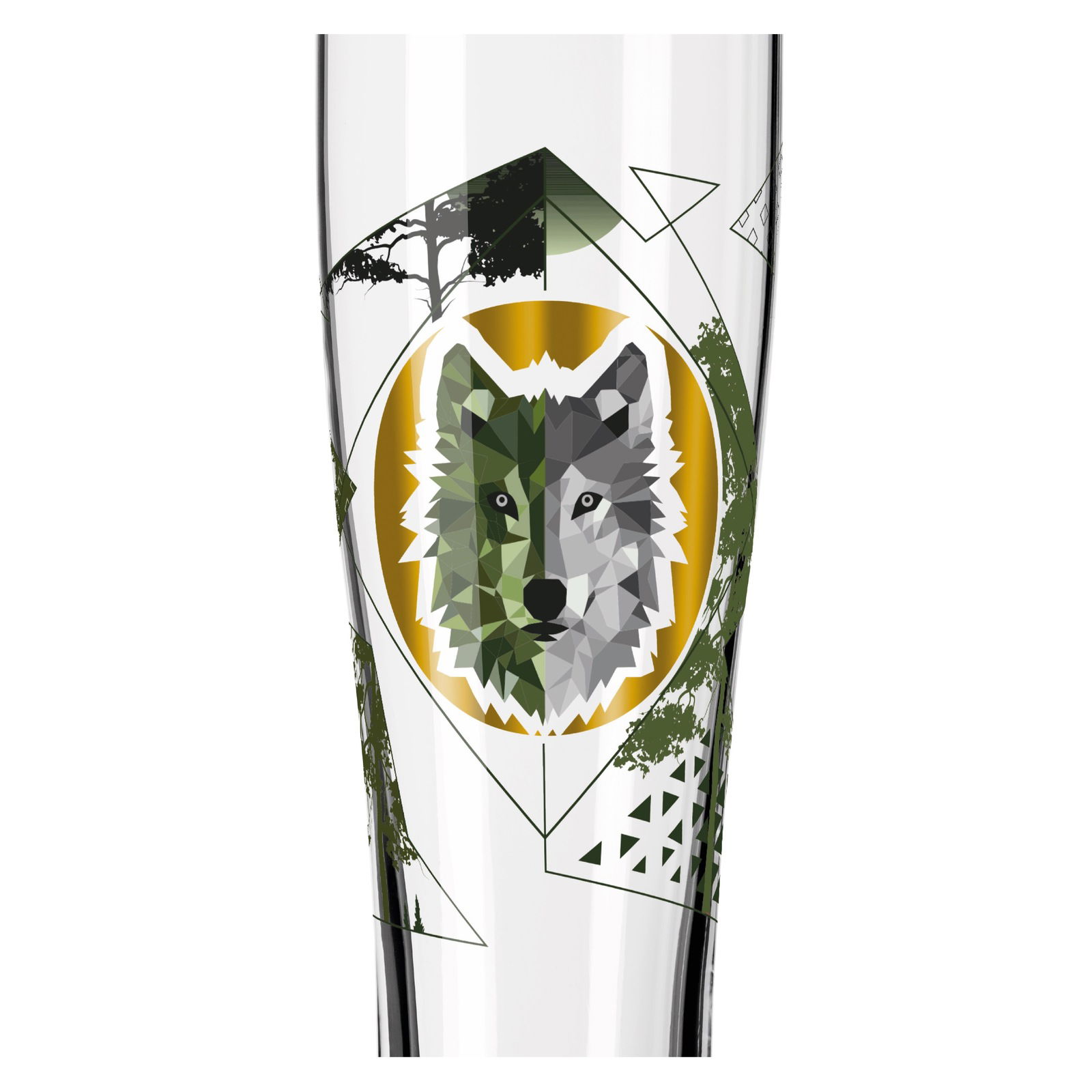 Weizenglas mit geometrischem Wolfsmotiv und Waldgrafik, Frontalansicht