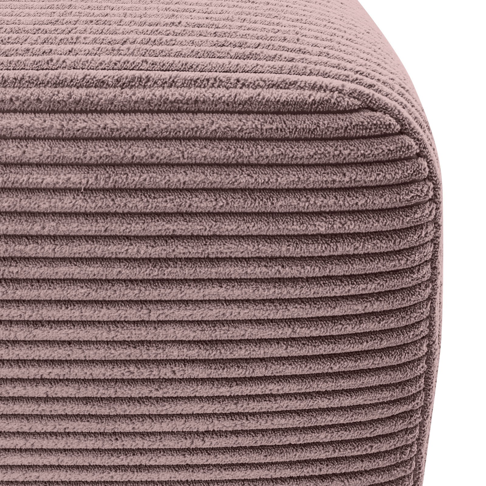 Nahaufnahme einer runden Ecke eines gepolsterten Möbelstücks mit gerippter Textur in Rosa.