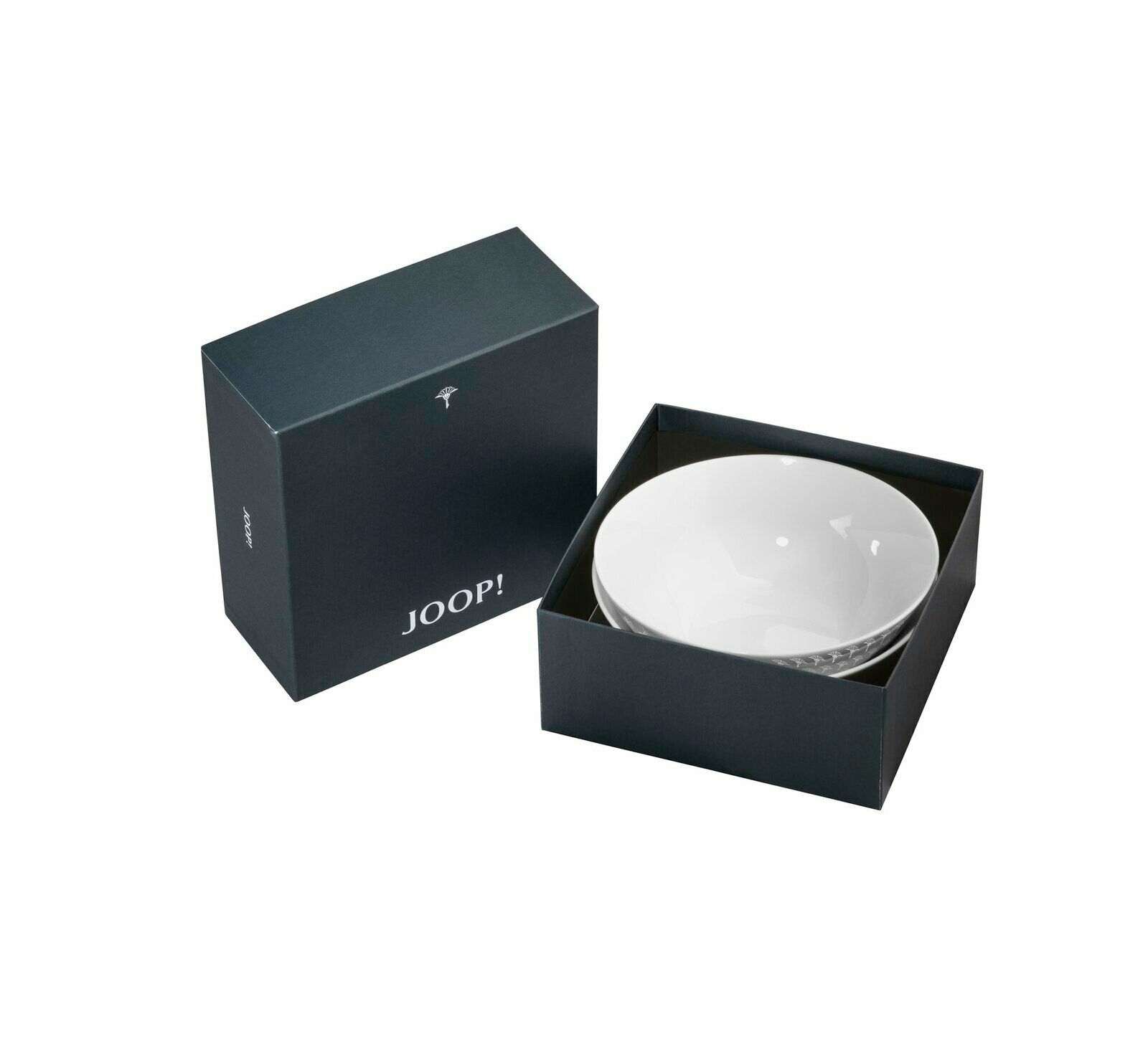 Zwei weiße Schalen, 16 cm, in einer eleganten schwarzen Geschenkbox von oben betrachtet.