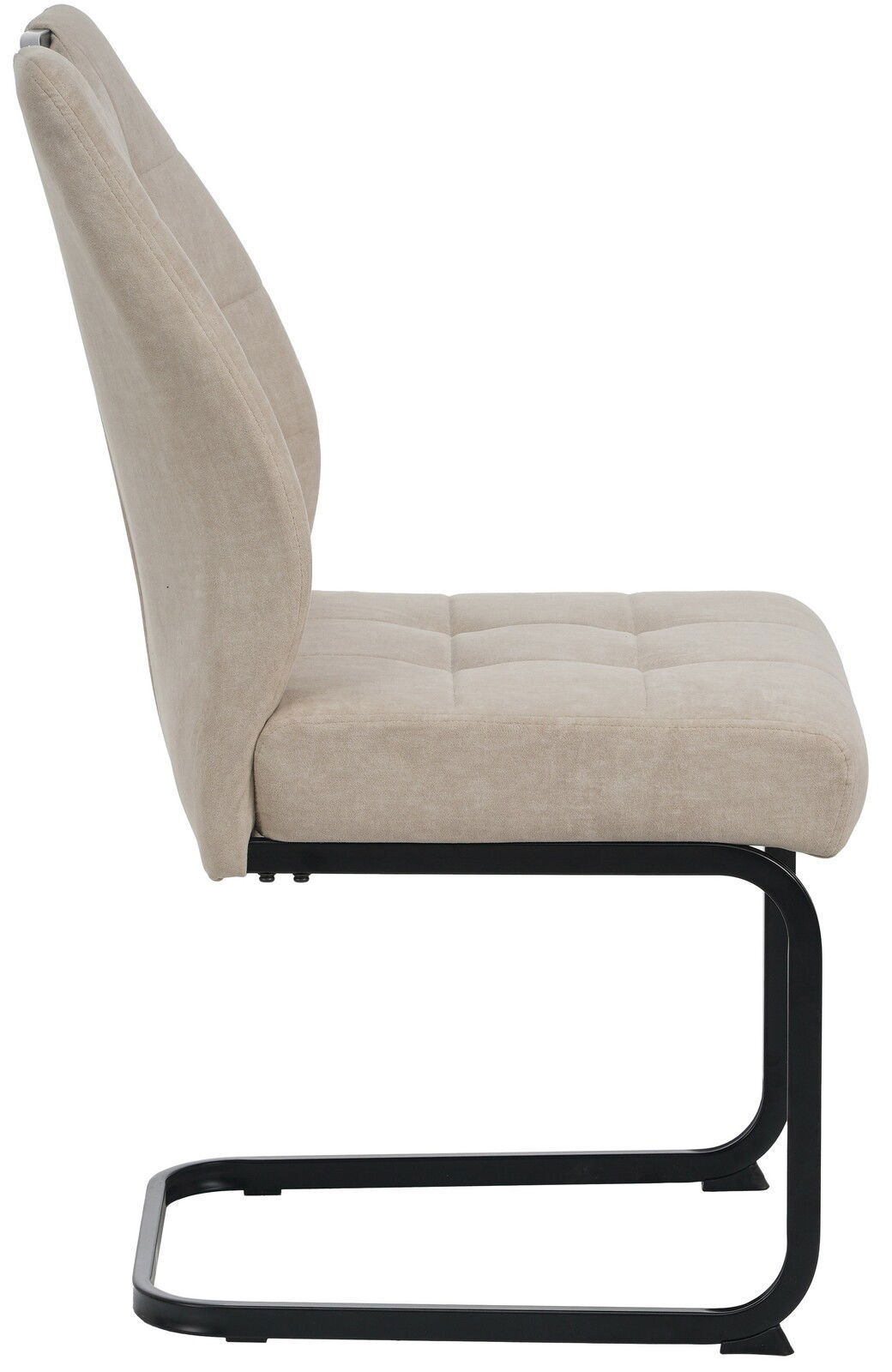 Seitenansicht eines beigen Schwingstuhls mit schwarzem Metallgestell.