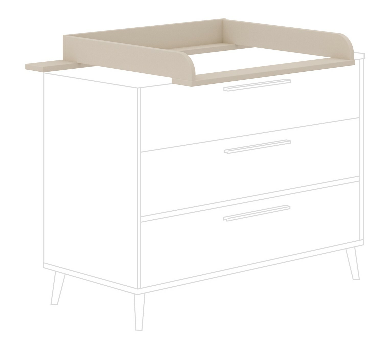 Wickelaufsatz breit in Holzoptik, perspektivische Ansicht von vorne oben, auf einer Kommode montiert.