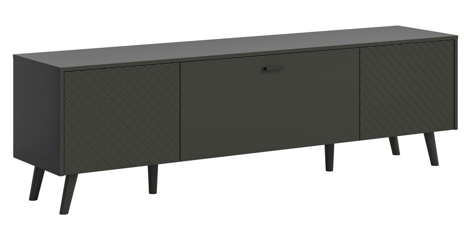 Modernes schwarzes Lowboard mit Rautenmuster auf den Türen, seitliche Perspektive