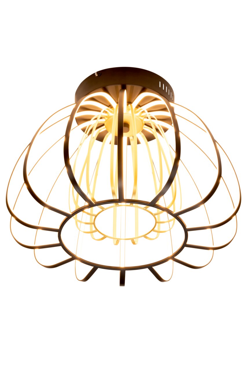 Moderne LED-Hängeleuchte mit einem eleganten, offenen Design aus Metallstreben, von unten betrachtet.